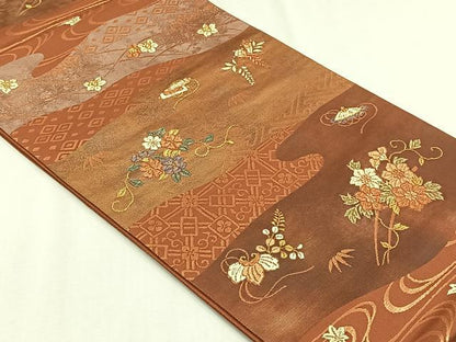 平和屋着物◎六通柄袋帯　花唐草文　金糸　正絹　逸品　CABH7554yk