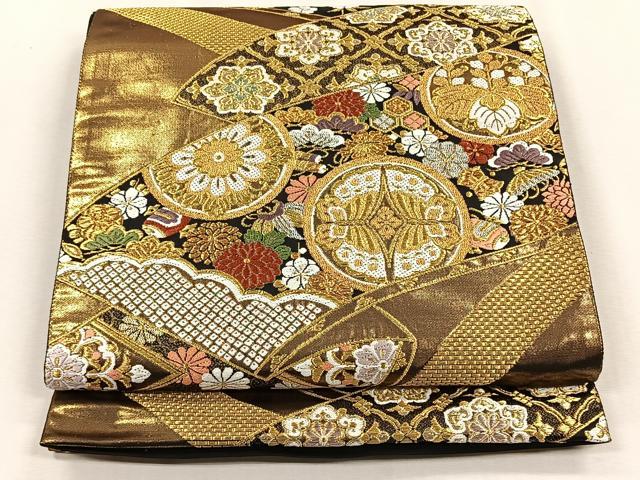 平和屋着物◎六通柄袋帯　唐織　草花丸文　黒地　金銀糸　正絹　逸品　CABH7559yk