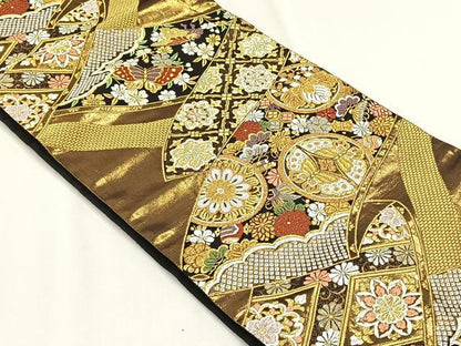 平和屋着物◎六通柄袋帯　唐織　草花丸文　黒地　金銀糸　正絹　逸品　CABH7559yk