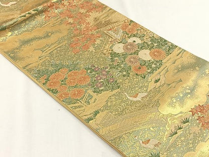 平和屋着物◎六通柄袋帯　風景草花文　金糸　正絹　逸品　CABH7560yk
