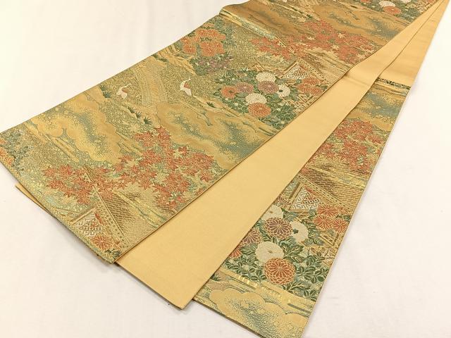 平和屋着物◎六通柄袋帯　風景草花文　金糸　正絹　逸品　CABH7560yk