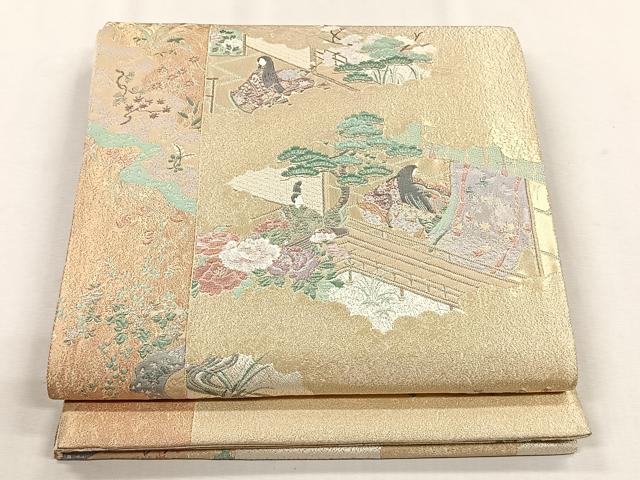 平和屋着物◎六通柄袋帯　寿光織　流水花文　金糸　正絹　逸品　CABH7572yk