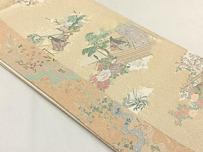 平和屋着物◎六通柄袋帯　寿光織　流水花文　金糸　正絹　逸品　CABH7572yk