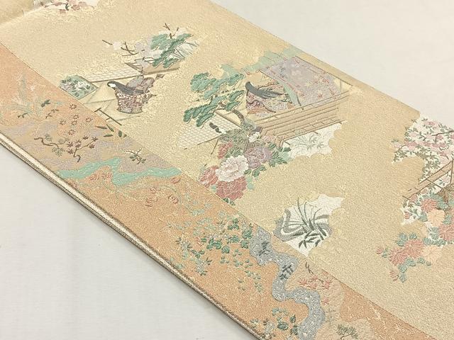 平和屋着物◎六通柄袋帯　寿光織　流水花文　金糸　正絹　逸品　CABH7572yk
