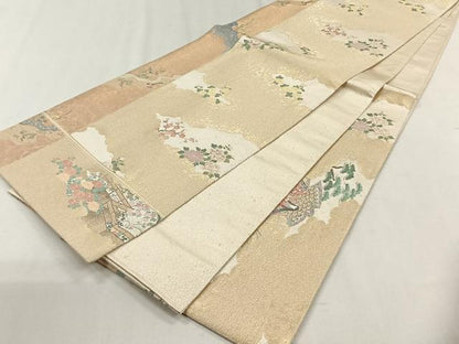 平和屋着物◎六通柄袋帯　寿光織　流水花文　金糸　正絹　逸品　CABH7572yk