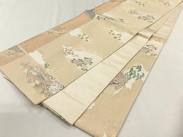 平和屋着物◎六通柄袋帯　寿光織　流水花文　金糸　正絹　逸品　CABH7572yk