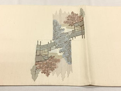 平和屋着物◎太鼓柄袋帯　紬地　すくい織　風景草木文　正絹　逸品　CABH7574yk