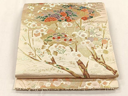 平和屋着物◎六通柄袋帯　扇面梅華文様　金糸　正絹　逸品　CABH7577yk