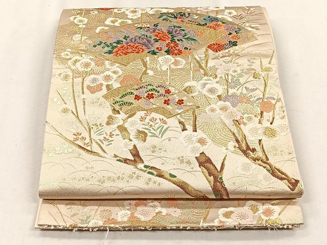平和屋着物◎六通柄袋帯　扇面梅華文様　金糸　正絹　逸品　CABH7577yk