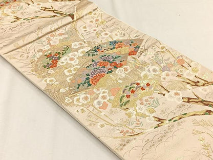 平和屋着物◎六通柄袋帯　扇面梅華文様　金糸　正絹　逸品　CABH7577yk