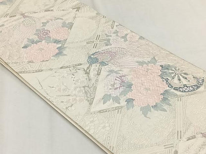 平和屋着物◎六通柄袋帯　唐織　孔雀草花文　銀糸　正絹　逸品　CABH7580yk