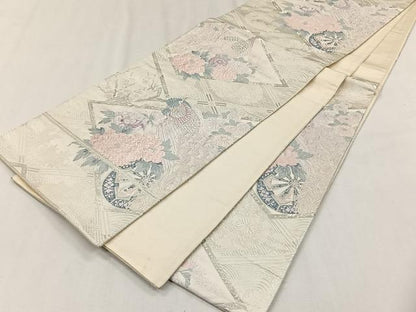 平和屋着物◎六通柄袋帯　唐織　孔雀草花文　銀糸　正絹　逸品　CABH7580yk