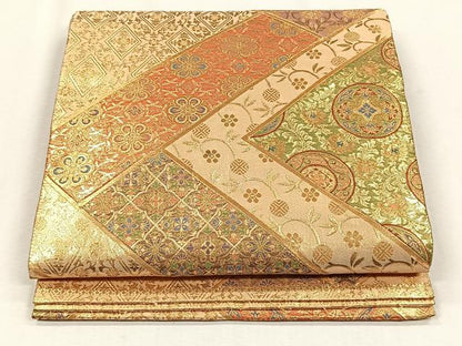 平和屋着物◎太鼓柄袋帯　切嵌　花唐草文　金糸　正絹　逸品　CABH7583yk