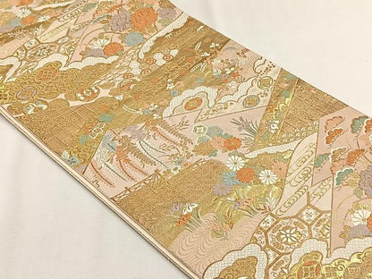 平和屋着物◎西陣　服部織物謹製　六通柄袋帯　唐織　吉祥花文　金糸　正絹　逸品　CABH7586yk
