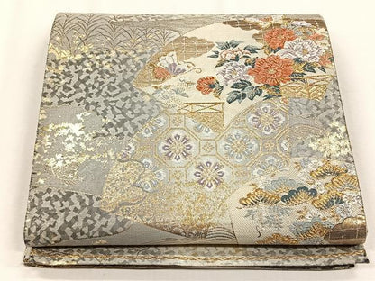 平和屋着物◎六通柄袋帯　唐織　吉祥地紙文　金糸　正絹　逸品　CABH7600yk