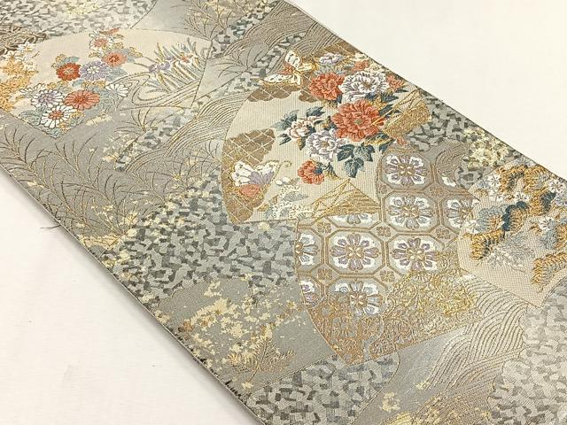 平和屋着物◎六通柄袋帯　唐織　吉祥地紙文　金糸　正絹　逸品　CABH7600yk