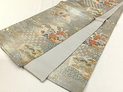平和屋着物◎六通柄袋帯　唐織　吉祥地紙文　金糸　正絹　逸品　CABH7600yk