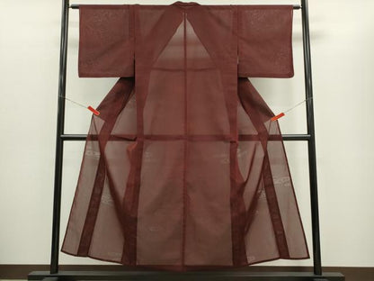 平和屋着物＊夏物　色無地　流水紋紗　小豆色　正絹　逸品　CABH7601ze