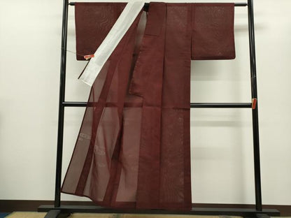 平和屋着物＊夏物　色無地　流水紋紗　小豆色　正絹　逸品　CABH7601ze