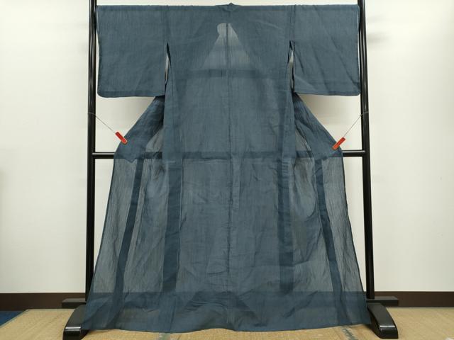 平和屋着物＊夏物 男性 小千谷ちぢみ 濃紺地 麻 逸品 未使用