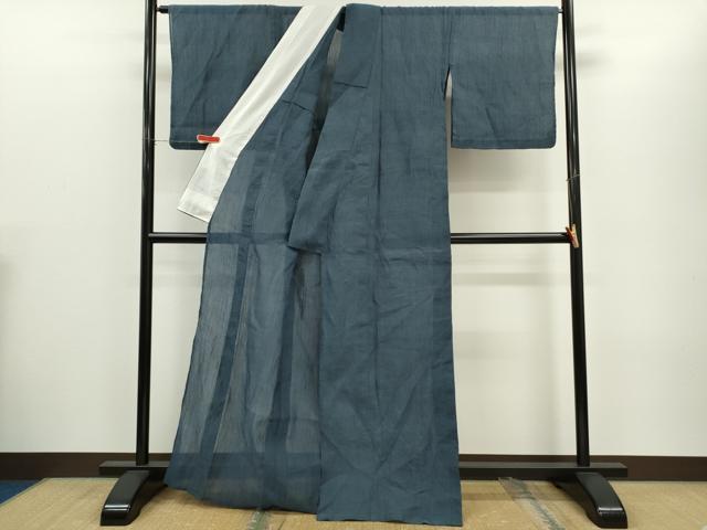 平和屋着物＊夏物　本場小千谷ちぢみ　鉄御納戸色　麻　逸品　CABH7602ze