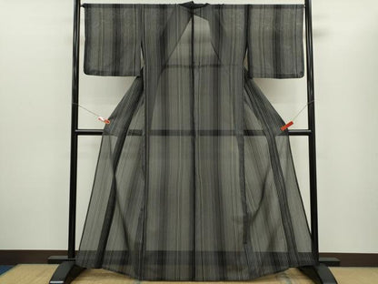 平和屋着物＊夏物　お召　縦絽　縞　黒地　正絹　逸品　CABH7604ze