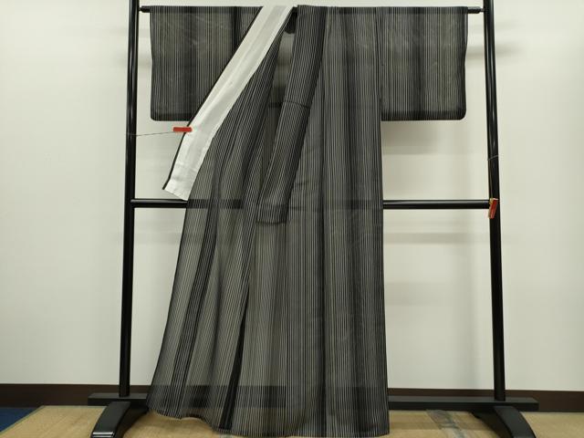 平和屋着物＊夏物　お召　縦絽　縞　黒地　正絹　逸品　CABH7604ze