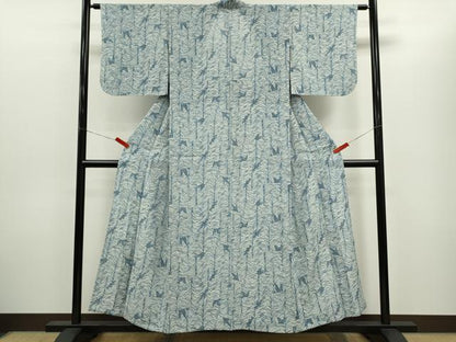 平和屋着物＊夏物　小紋　絽　藍　型染め　飛鶴草木文　正絹　逸品　CABH7605ze