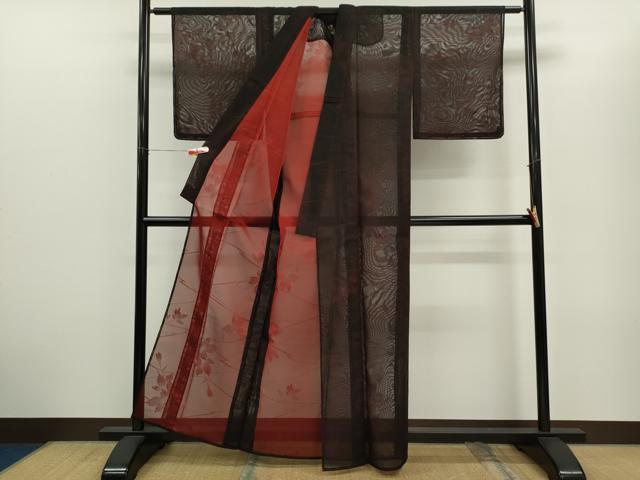 平和屋着物＊夏物　小紋　紗　枝花文　黒地　正絹　逸品　未使用　CABH7608ze