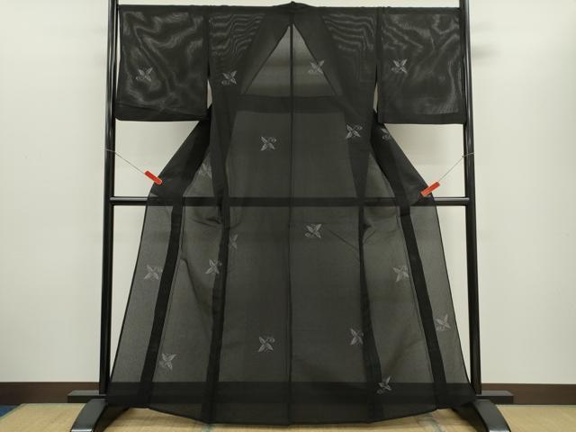 平和屋着物＊夏物　小紋　縦絽　舞花文　黒地　正絹　逸品　CABH7612ze