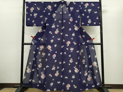 平和屋着物＊夏物　小紋　絽　枝花文　銀彩　正絹　逸品　CABH7613ze