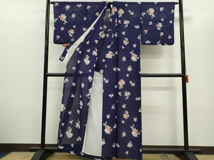 平和屋着物＊夏物　小紋　絽　枝花文　銀彩　正絹　逸品　CABH7613ze