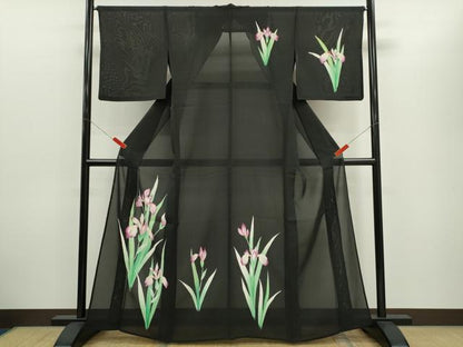平和屋着物＊夏物　訪問着　絽　燕子花　黒地　正絹　逸品　CABH7620ze