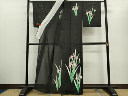 平和屋着物＊夏物　訪問着　絽　燕子花　黒地　正絹　逸品　CABH7620ze