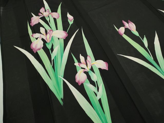 平和屋着物＊夏物　訪問着　絽　燕子花　黒地　正絹　逸品　CABH7620ze