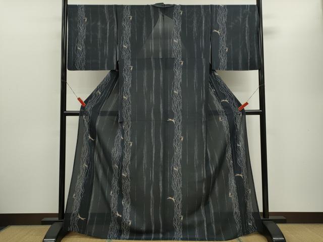 平和屋着物＊夏物　小紋　絽　トンボ　変わり縞　黒地　正絹　逸品　未使用　CABH7650ze