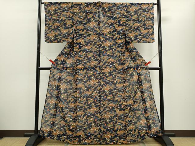 平和屋着物＊夏物　小紋　絽　松竹梅風景文　正絹　逸品　CABH7673ze