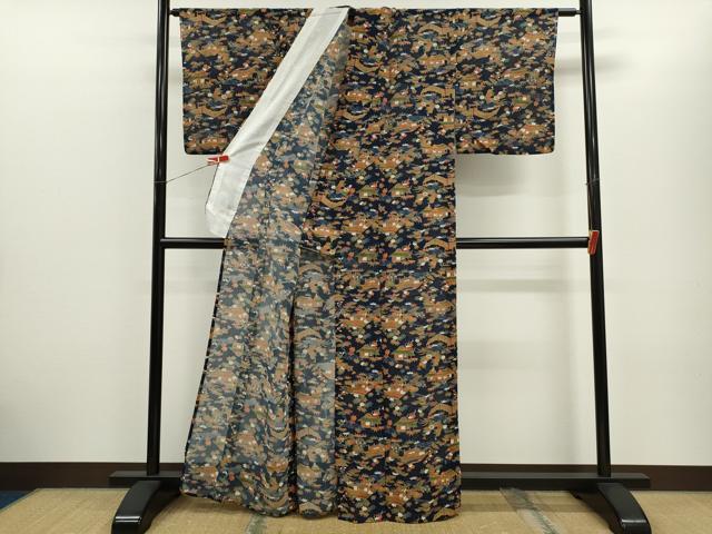平和屋着物＊夏物　小紋　絽　松竹梅風景文　正絹　逸品　CABH7673ze