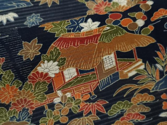 平和屋着物＊夏物　小紋　絽　松竹梅風景文　正絹　逸品　CABH7673ze