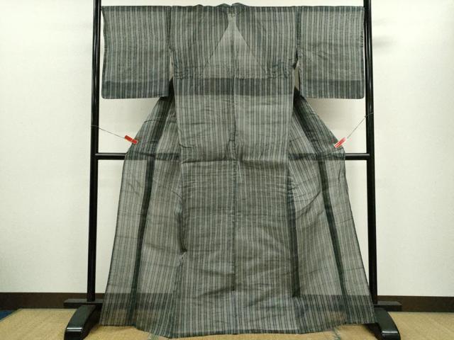 平和屋着物＊夏物　紗紬　粋風情　縞　反端付き　正絹　逸品CABH7676ze