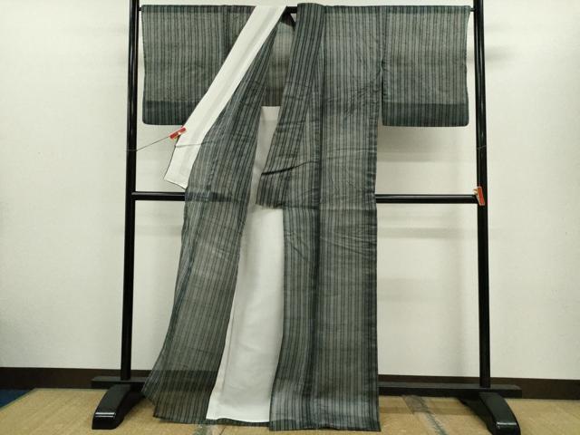 平和屋着物＊夏物　紗紬　粋風情　縞　反端付き　正絹　逸品CABH7676ze