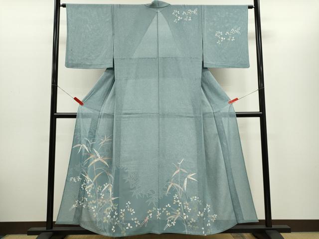 平和屋着物＊夏物　訪問着　絽　友禅　笹竹草花文　正絹　逸品　CABH7702ze