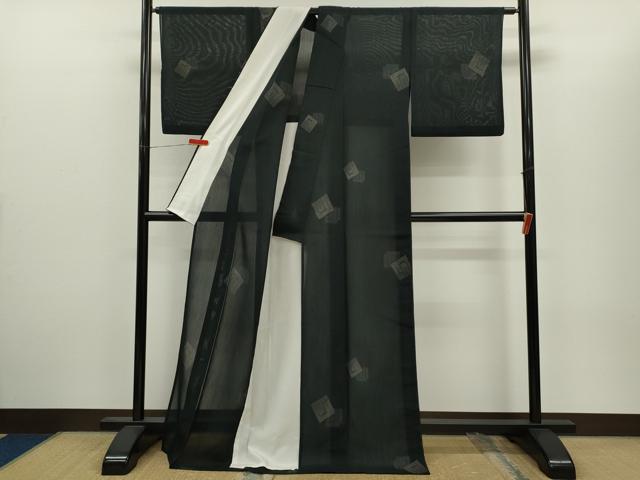 夏結城　飛び亀甲柄100亀甲　源氏香　黒地正絹 平和屋着物＊夏物 結城紬 夏結城 飛び亀甲柄 100亀甲 源氏香 黒地