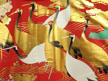 平和屋本店●本手描友禅作家　秋山章　色打掛　和装　婚礼　結婚式　花嫁　神社挙式　お引きずり　群鶴遠山草花文　金銀糸　逸品CABH7766ze