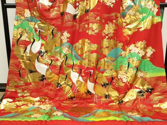 平和屋本店●本手描友禅作家　秋山章　色打掛　和装　婚礼　結婚式　花嫁　神社挙式　お引きずり　群鶴遠山草花文　金銀糸　逸品CABH7766ze