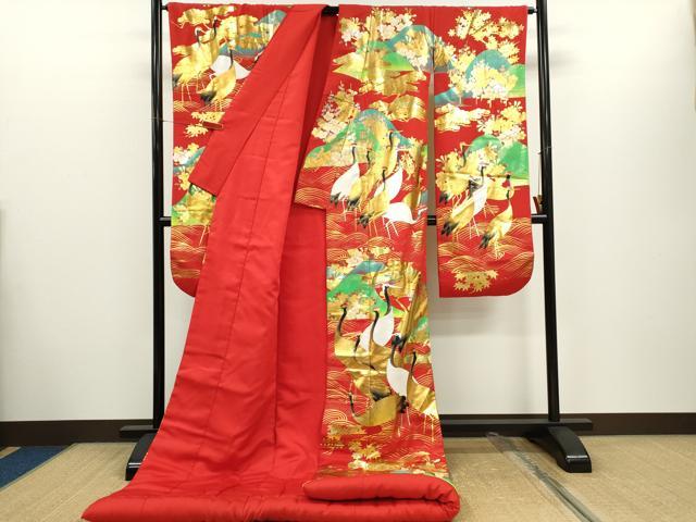 平和屋本店●本手描友禅作家　秋山章　色打掛　和装　婚礼　結婚式　花嫁　神社挙式　お引きずり　群鶴遠山草花文　金銀糸　逸品CABH7766ze