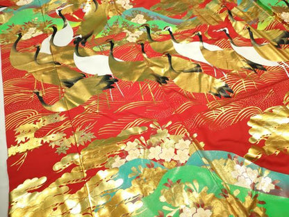 平和屋本店●本手描友禅作家　秋山章　色打掛　和装　婚礼　結婚式　花嫁　神社挙式　お引きずり　群鶴遠山草花文　金銀糸　逸品CABH7766ze
