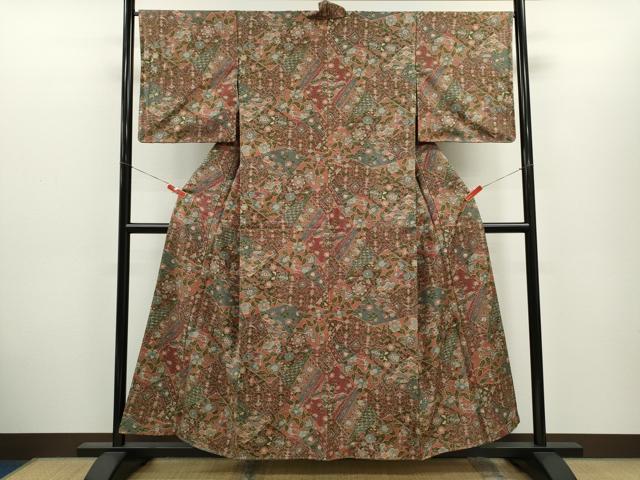 平和屋着物■上質な小紋　紬地　切嵌孔雀更紗花文　正絹　逸品　CABH7773ze