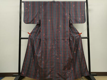 平和屋着物■上質な紬　格子柄　舞葉文　正絹　逸品　CABH7776ze