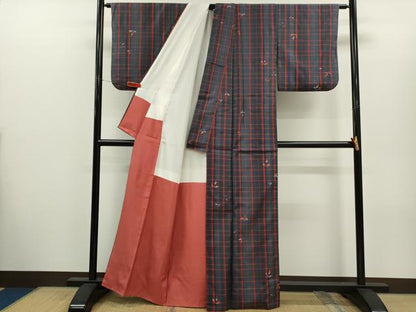 平和屋着物■上質な紬　格子柄　舞葉文　正絹　逸品　CABH7776ze